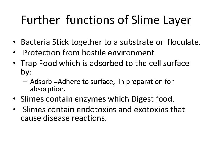 Further functions of Slime Layer • Bacteria Stick together to a substrate or floculate.