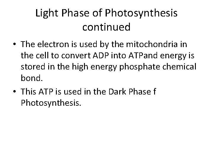 Light Phase of Photosynthesis continued • The electron is used by the mitochondria in