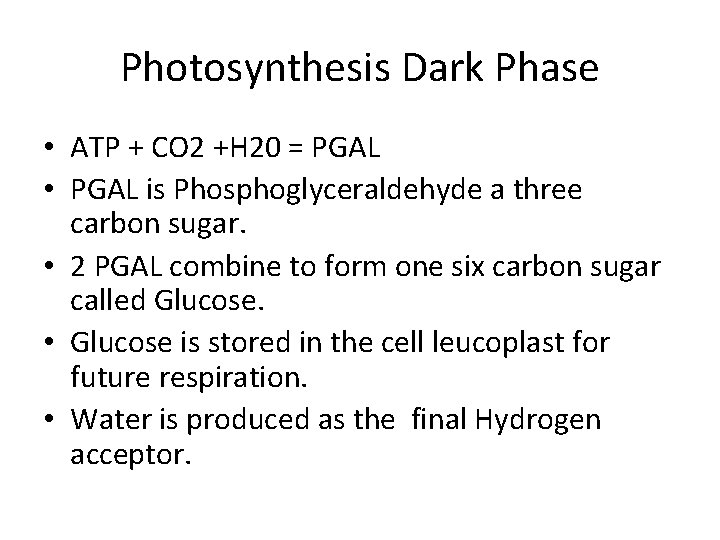 Photosynthesis Dark Phase • ATP + CO 2 +H 20 = PGAL • PGAL