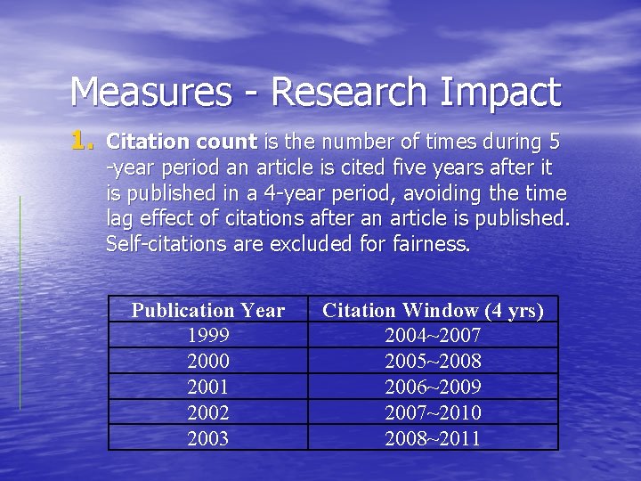 Measures - Research Impact 1. Citation count is the number of times during 5