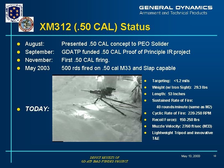 XM 312 (. 50 CAL) Status August: l September: l November: l May 2003