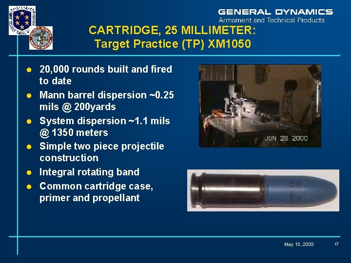 CARTRIDGE, 25 MILLIMETER: Target Practice (TP) XM 1050 l l l 20, 000 rounds