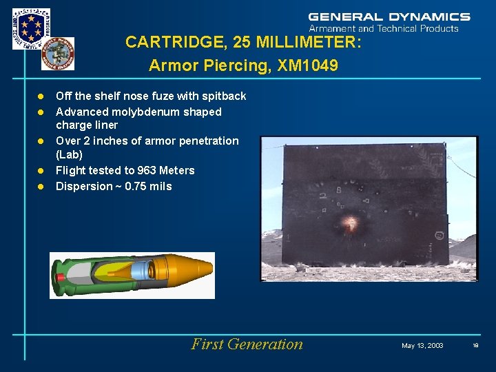 CARTRIDGE, 25 MILLIMETER: Armor Piercing, XM 1049 l l l Off the shelf nose