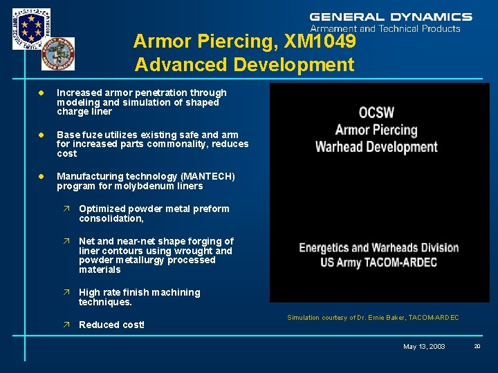 Armor Piercing, XM 1049 Advanced Development l Increased armor penetration through modeling and simulation