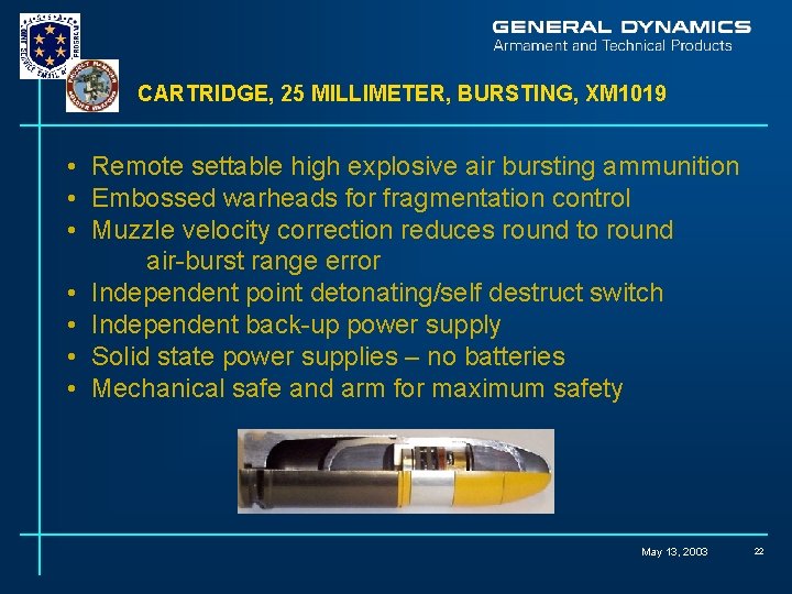 CARTRIDGE, 25 MILLIMETER, BURSTING, XM 1019 • Remote settable high explosive air bursting ammunition