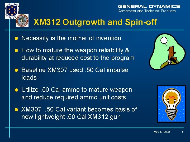 XM 312 Outgrowth and Spin-off l Necessity is the mother of invention l How