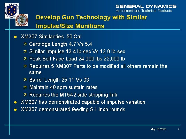 Develop Gun Technology with Similar Impulse/Size Munitions XM 307 Similarities. 50 Cal ä Cartridge