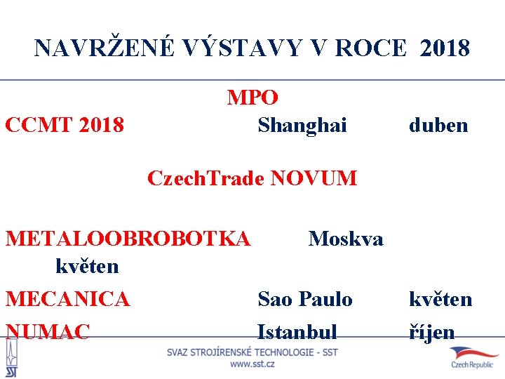 NAVRŽENÉ VÝSTAVY V ROCE 2018 CCMT 2018 MPO Shanghai duben Czech. Trade NOVUM METALOOBROBOTKA