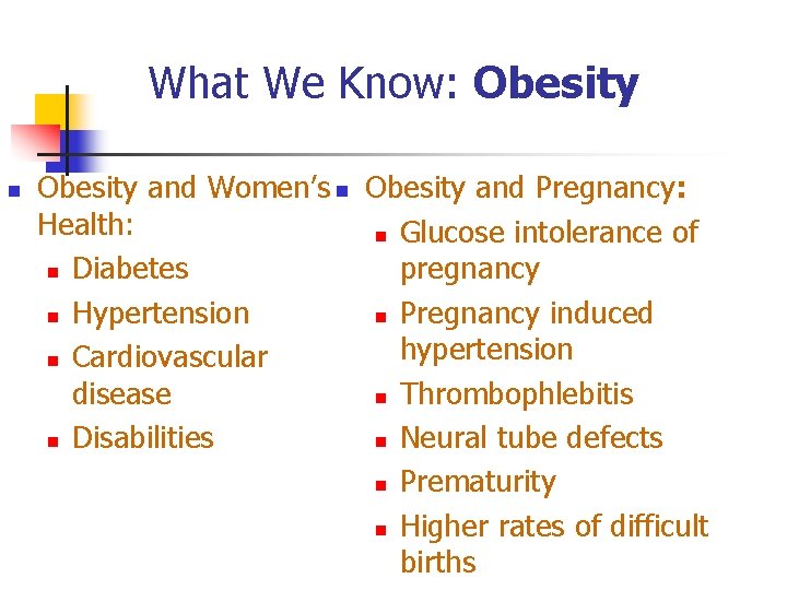 What We Know: Obesity n Obesity and Women’s n Obesity and Pregnancy: Health: n