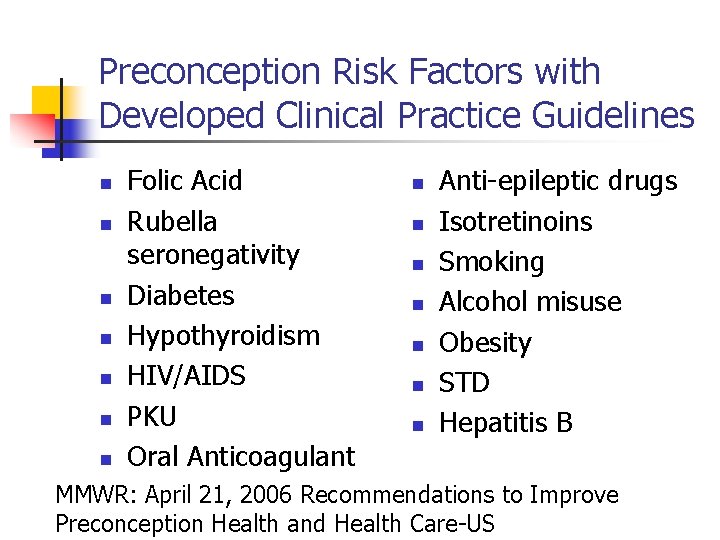 Preconception Risk Factors with Developed Clinical Practice Guidelines n n n n Folic Acid