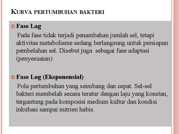 KURVA PERTUMBUHAN BAKTERI Fase Lag Pada fase tidak terjadi penambahan jumlah sel, tetapi aktivitas