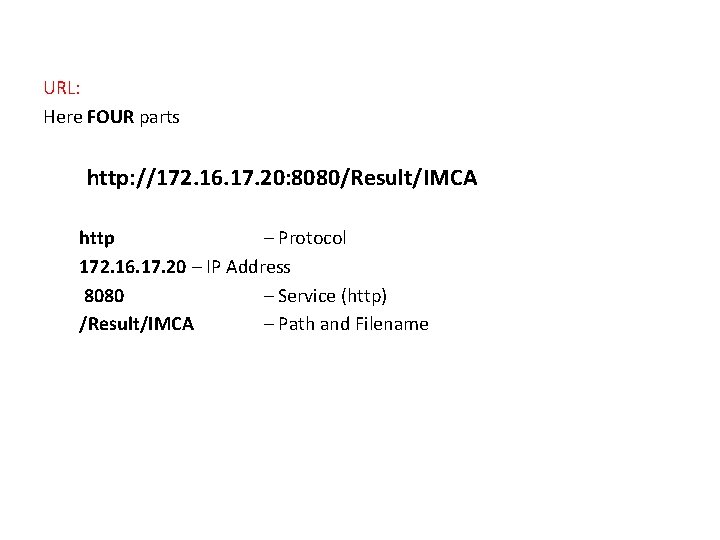 URL: Here FOUR parts http: //172. 16. 17. 20: 8080/Result/IMCA http – Protocol 172.