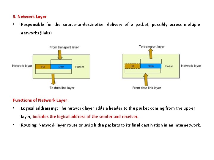 3. Network Layer • Responsible for the source-to-destination delivery of a packet, possibly across
