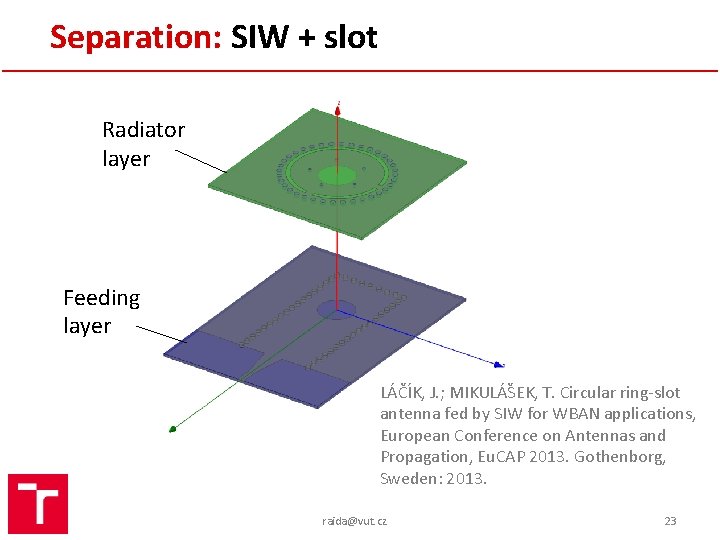 Separation: SIW + slot Radiator layer Feeding layer LÁČÍK, J. ; MIKULÁŠEK, T. Circular