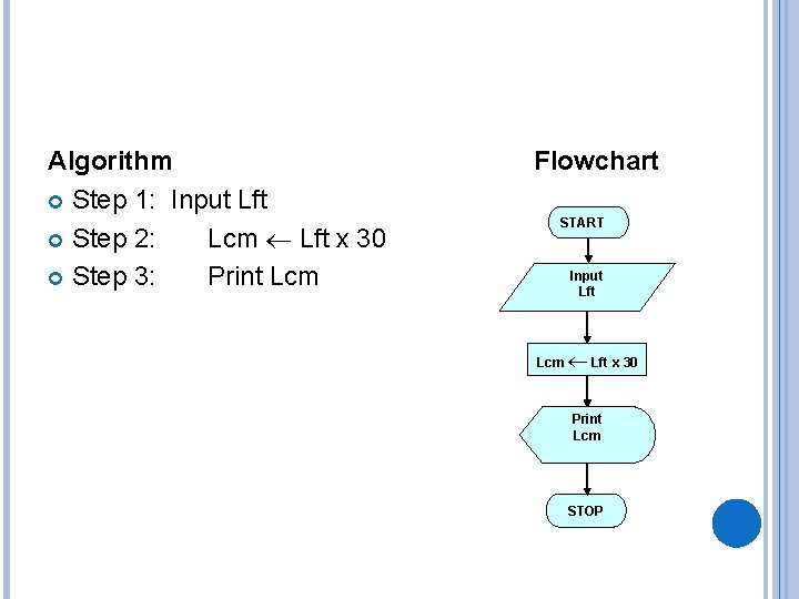 Algorithm Step 1: Input Lft Step 2: Lcm Lft x 30 Step 3: Print
