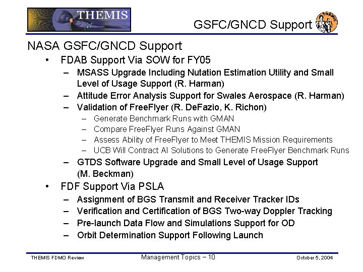 GSFC/GNCD Support NASA GSFC/GNCD Support • FDAB Support Via SOW for FY 05 –