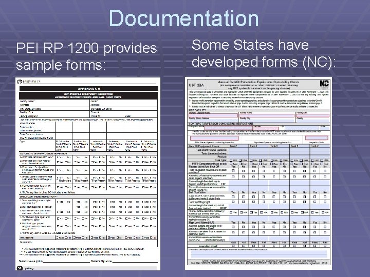 Documentation PEI RP 1200 provides sample forms: Some States have developed forms (NC): 