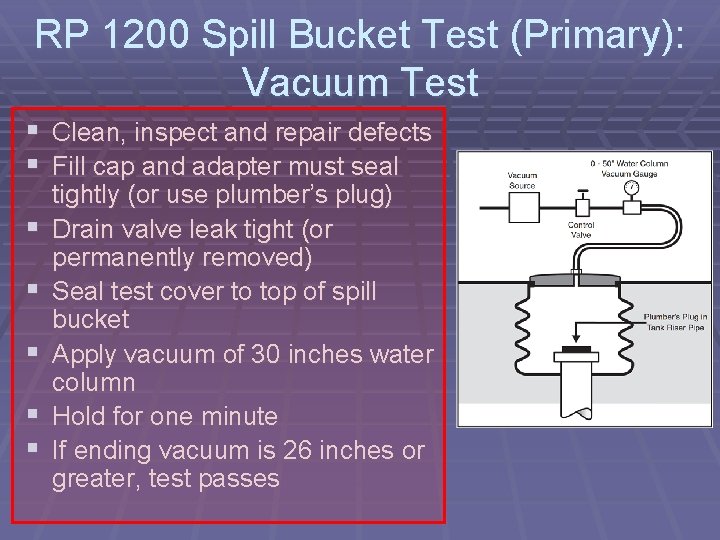 RP 1200 Spill Bucket Test (Primary): Vacuum Test § Clean, inspect and repair defects