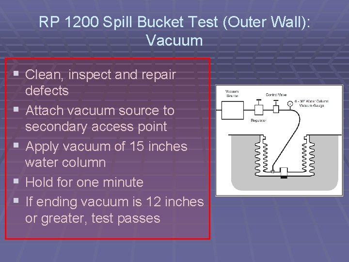 RP 1200 Spill Bucket Test (Outer Wall): Vacuum § Clean, inspect and repair §