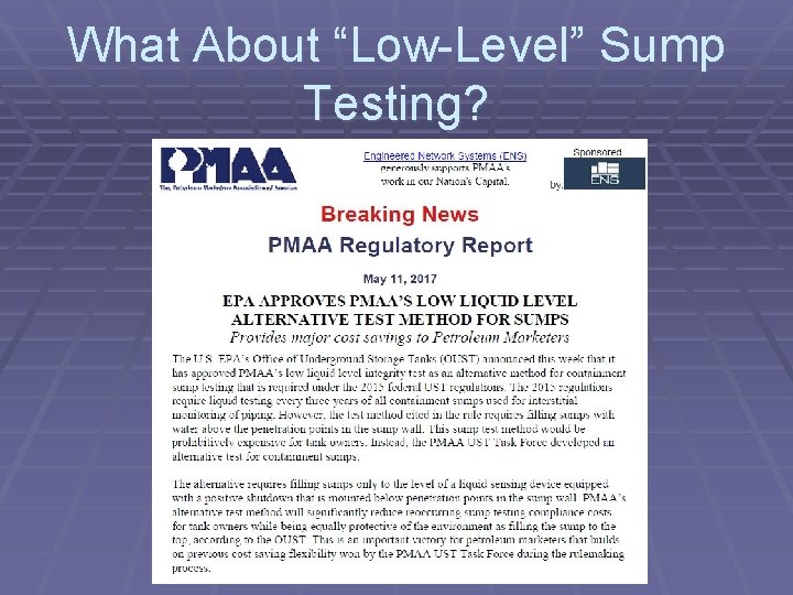 What About “Low-Level” Sump Testing? 