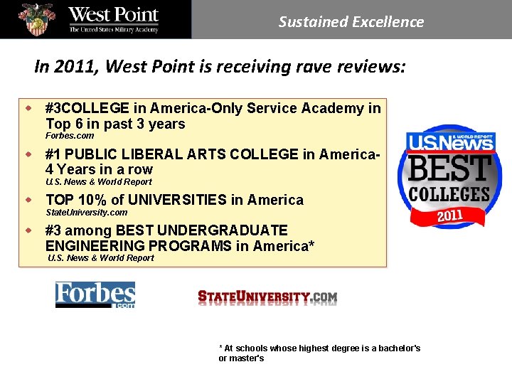 Sustained Excellence In 2011, West Point is receiving rave reviews: w #3 COLLEGE in