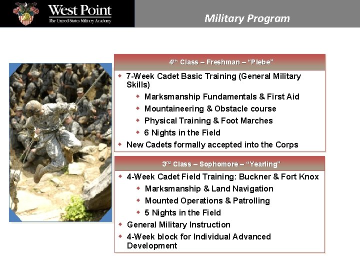 Military Program 4 th Class – Freshman – “Plebe” w 7 -Week Cadet Basic