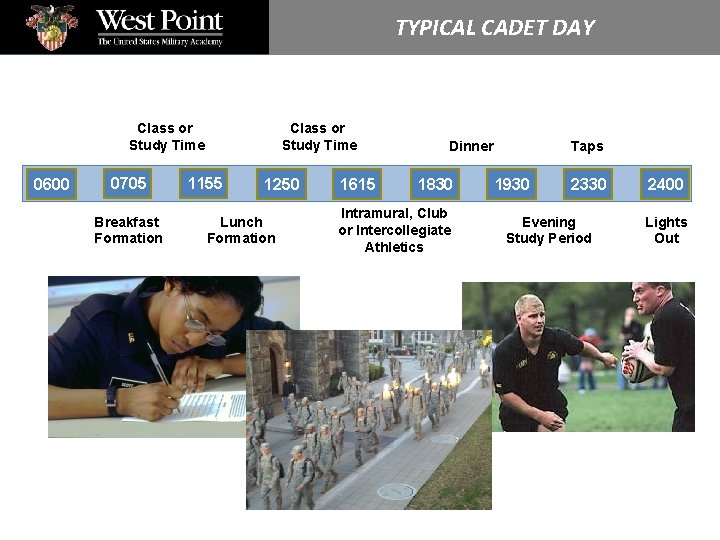 TYPICAL CADET DAY Class or Study Time 0600 0705 Breakfast Formation Class or Study