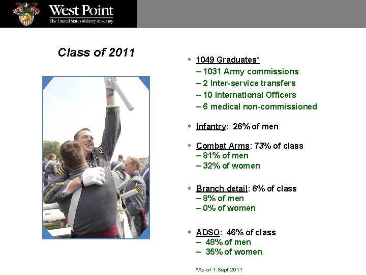 Class of 2011 w 1049 Graduates* – 1031 Army commissions – 2 Inter-service transfers
