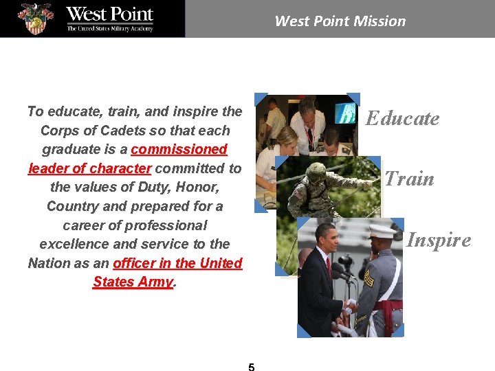 West Point Mission To educate, train, and inspire the Corps of Cadets so that