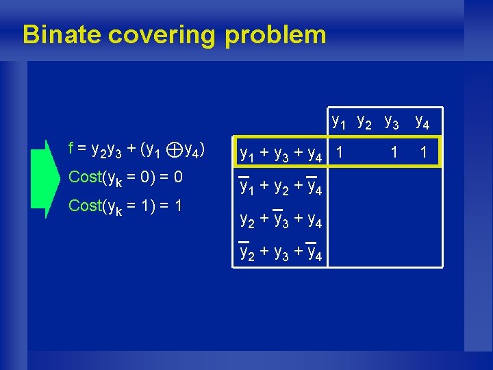 Binate covering problem y 1 y 2 y 3 y 4 f = y