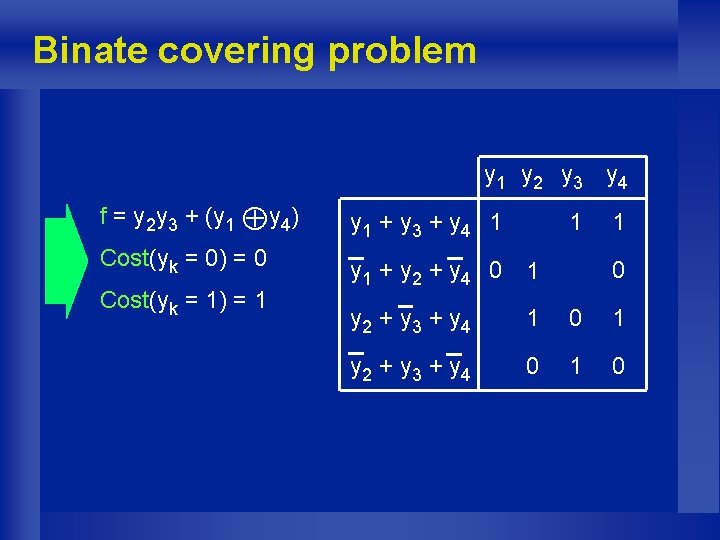 Binate covering problem y 1 y 2 y 3 y 4 f = y