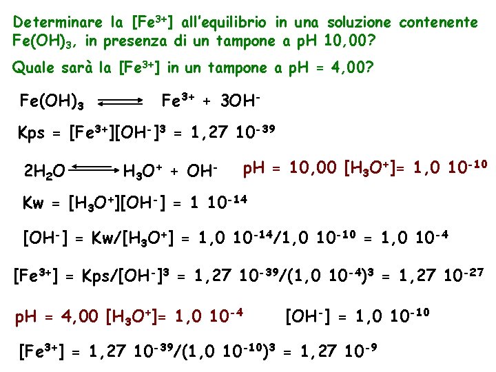 Determinare la [Fe 3+] all’equilibrio in una soluzione contenente Fe(OH)3, in presenza di un