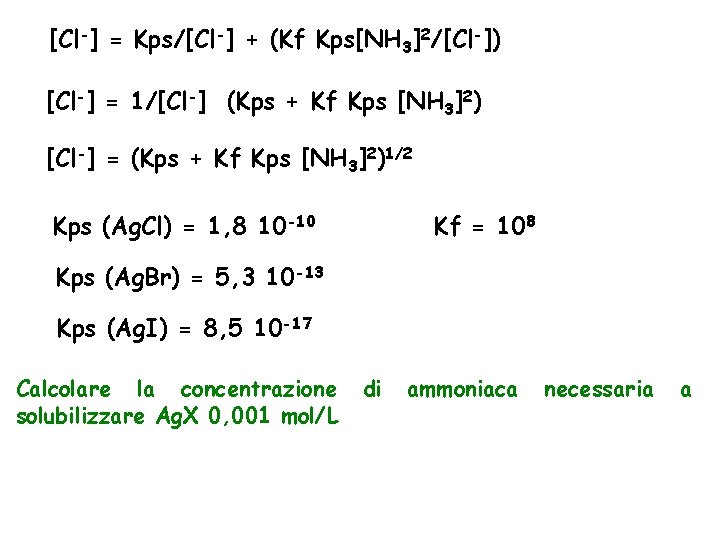 [Cl-] = Kps/[Cl-] + (Kf Kps[NH 3]2/[Cl-]) [Cl-] = 1/[Cl-] (Kps + Kf Kps