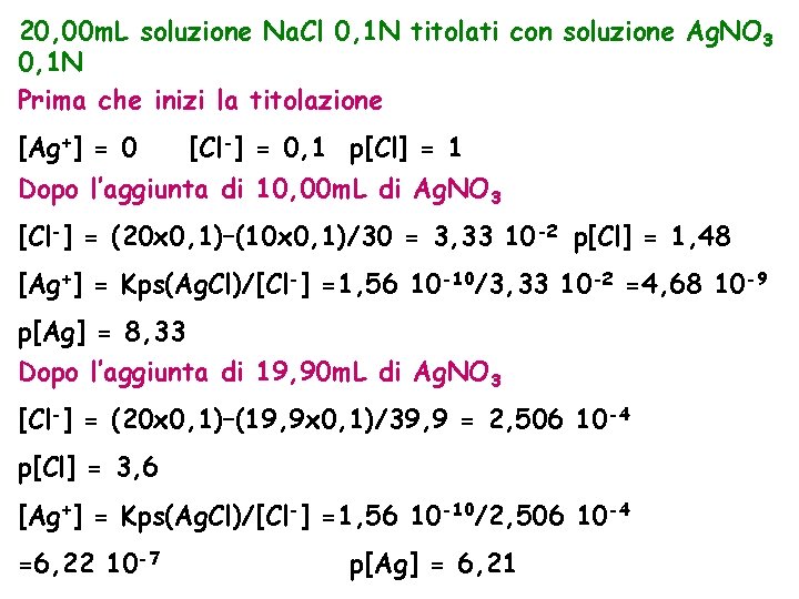 20, 00 m. L soluzione Na. Cl 0, 1 N titolati con soluzione Ag.