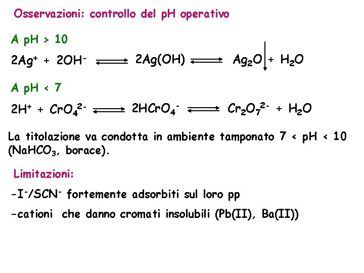 Osservazioni: controllo del p. H operativo A p. H > 10 2 Ag+ +