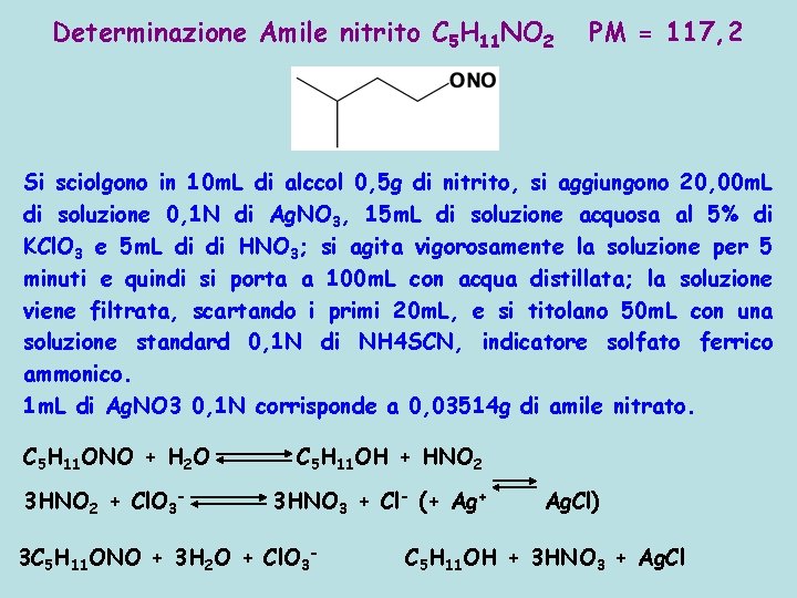 Determinazione Amile nitrito C 5 H 11 NO 2 PM = 117, 2 Si