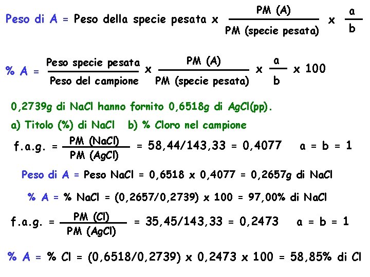 Peso di A = Peso della specie pesata x % A = Peso specie