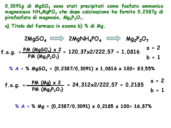 0, 3091 g di Mg. SO 4 sono stati precipitati come fosfato ammonico magnesiaco