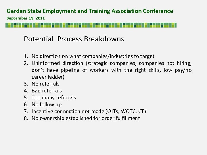 Garden State Employment and Training Association Conference September 15, 2011 Potential Process Breakdowns 1.