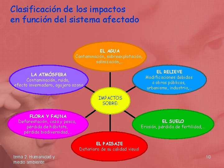 Clasificación de los impactos en función del sistema afectado EL AGUA Contaminación, sobreexplotación, salinización,