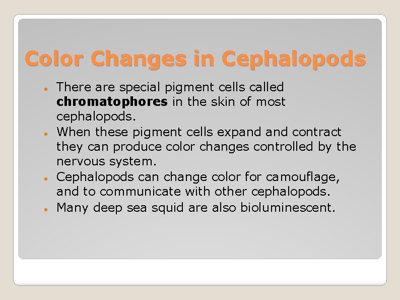 Color Changes in Cephalopods There are special pigment cells called chromatophores in the skin