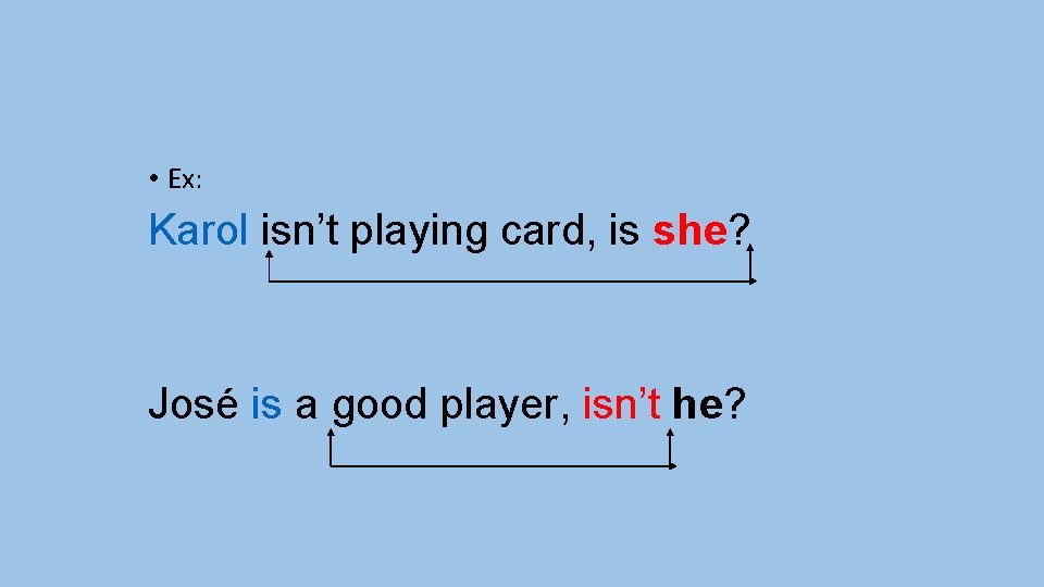  • Ex: Karol isn’t playing card, is she? José is a good player,