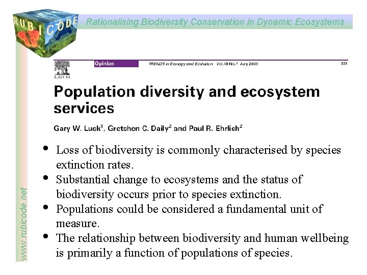 Rationalising Biodiversity Conservation in Dynamic Ecosystems www rubicode