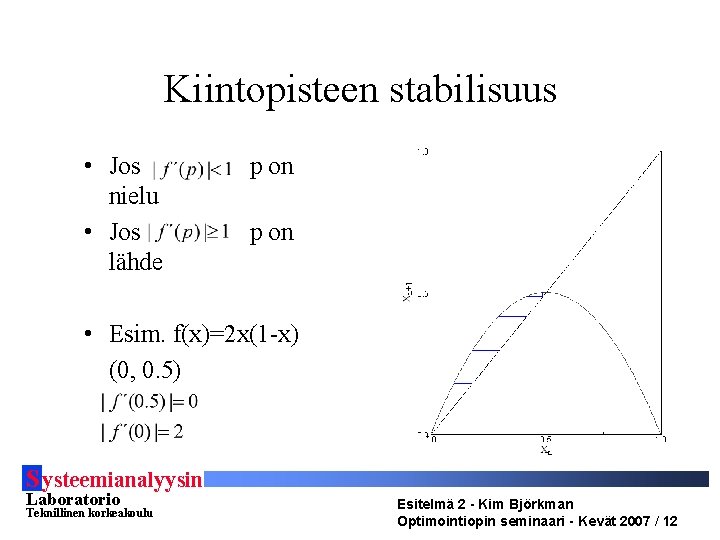 Kiintopisteen stabilisuus • Jos nielu • Jos lähde p on • Esim. f(x)=2 x(1