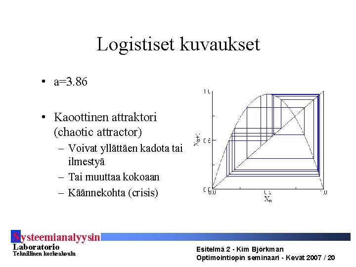 Logistiset kuvaukset • a=3. 86 • Kaoottinen attraktori (chaotic attractor) – Voivat yllättäen kadota