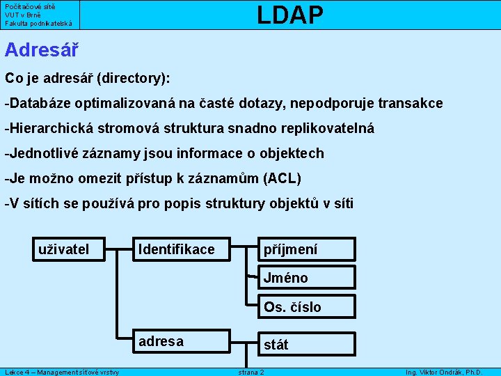 LDAP Počítačové sítě VUT v Brně Fakulta podnikatelská Adresář Co je adresář (directory): -Databáze