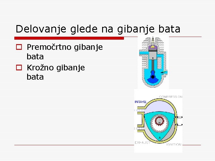 Delovanje glede na gibanje bata o Premočrtno gibanje bata o Krožno gibanje bata 