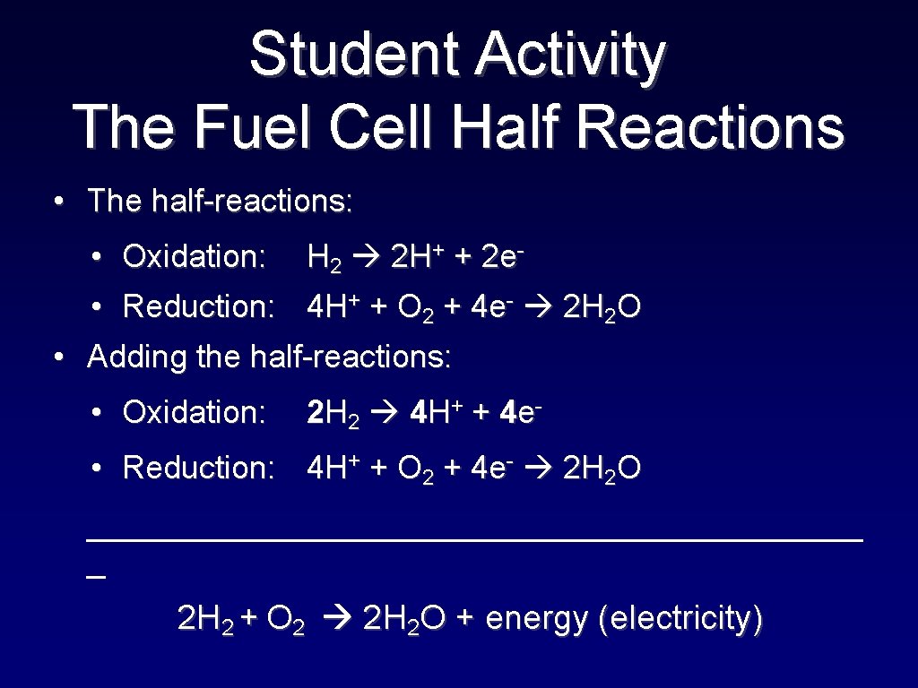 Student Activity The Fuel Cell Half Reactions • The half-reactions: • Oxidation: H 2