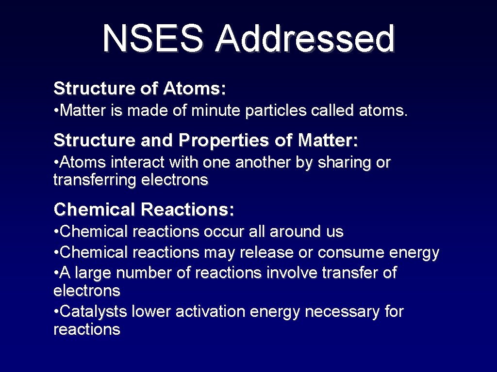 NSES Addressed Structure of Atoms: • Matter is made of minute particles called atoms.