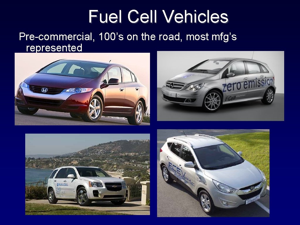 Fuel Cell Vehicles Pre-commercial, 100’s on the road, most mfg’s represented 